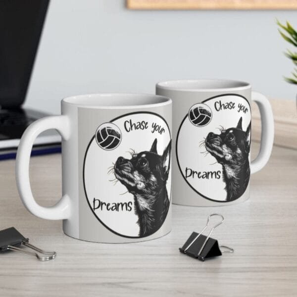 Mugs with dog print and positive quotes for the office.