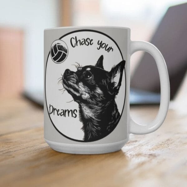 Mug with dog print and positive quotes for the office.