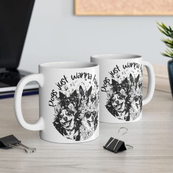 Mugs with dog print and positive quotes for the office.