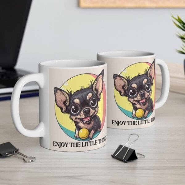 Mugs with dog print and positive quotes for the office.