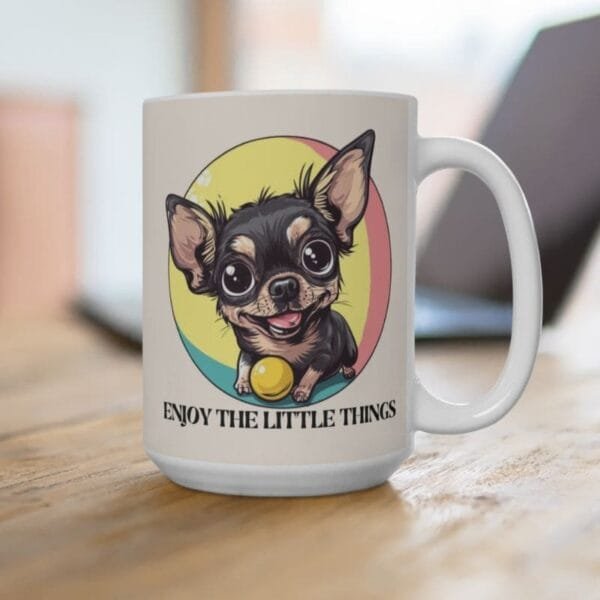 Mug with dog print and positive quotes for the office.