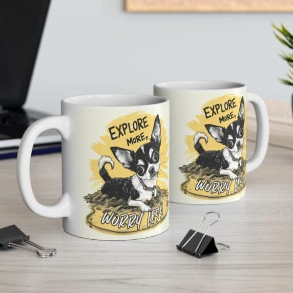 Mugs with dog print and positive quotes for the office.