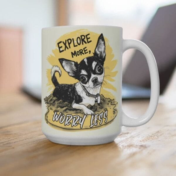 Mug with dog print and positive quotes for the office.