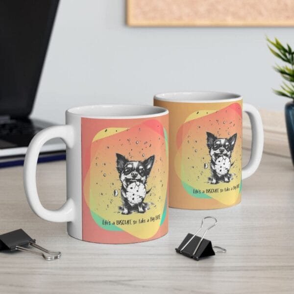 Mugs with dog print and positive quotes for the office.