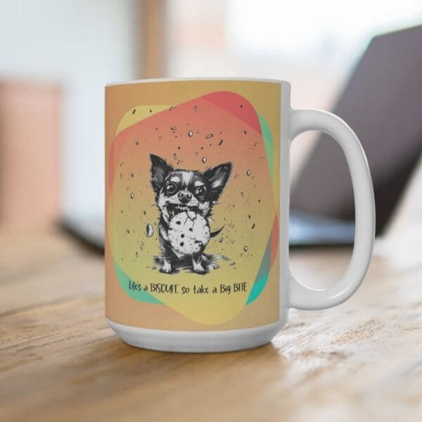 Mug with dog print and positive quotes for the office.